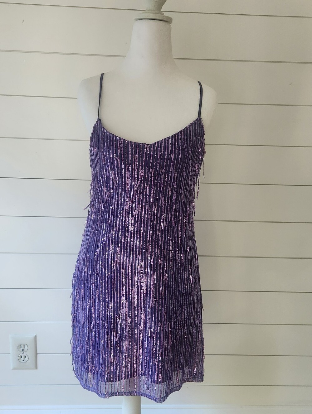 Francescas Purple Sequin Fringe Slip Dress